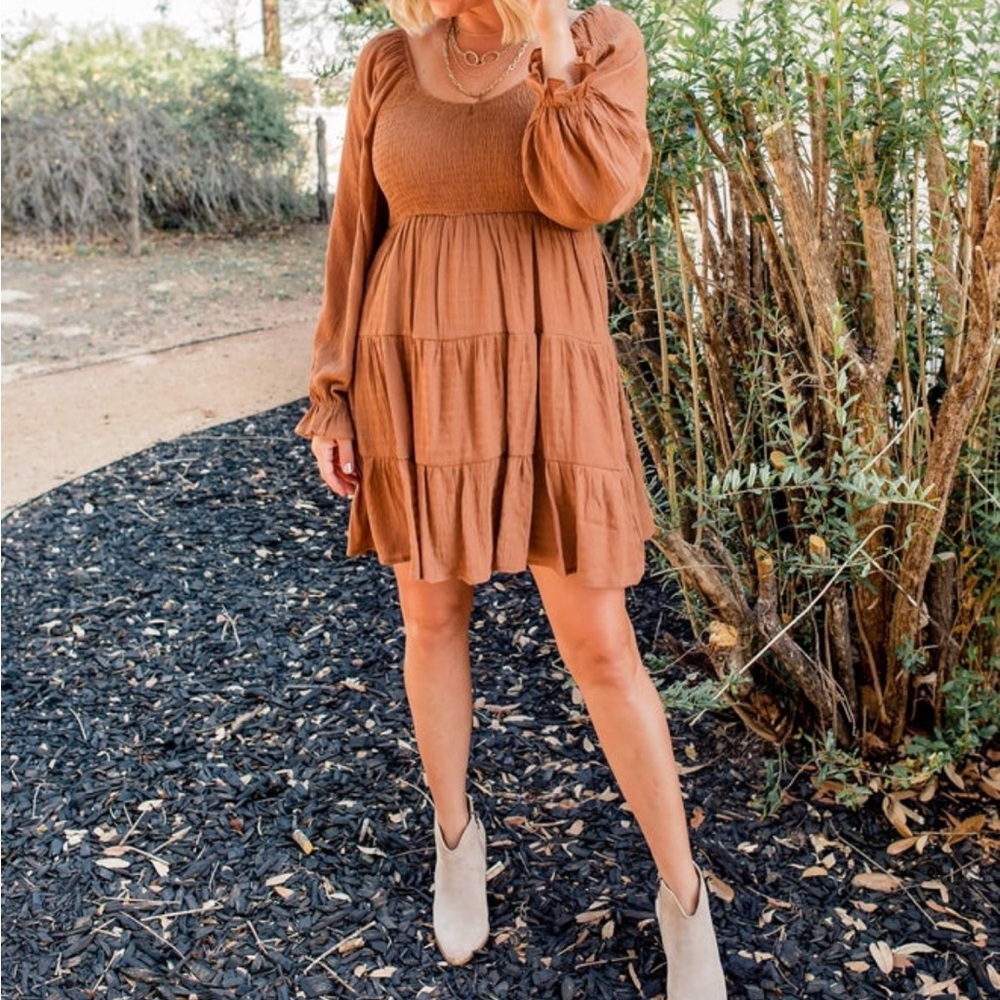 Camel Smocked Tiered Dress Large